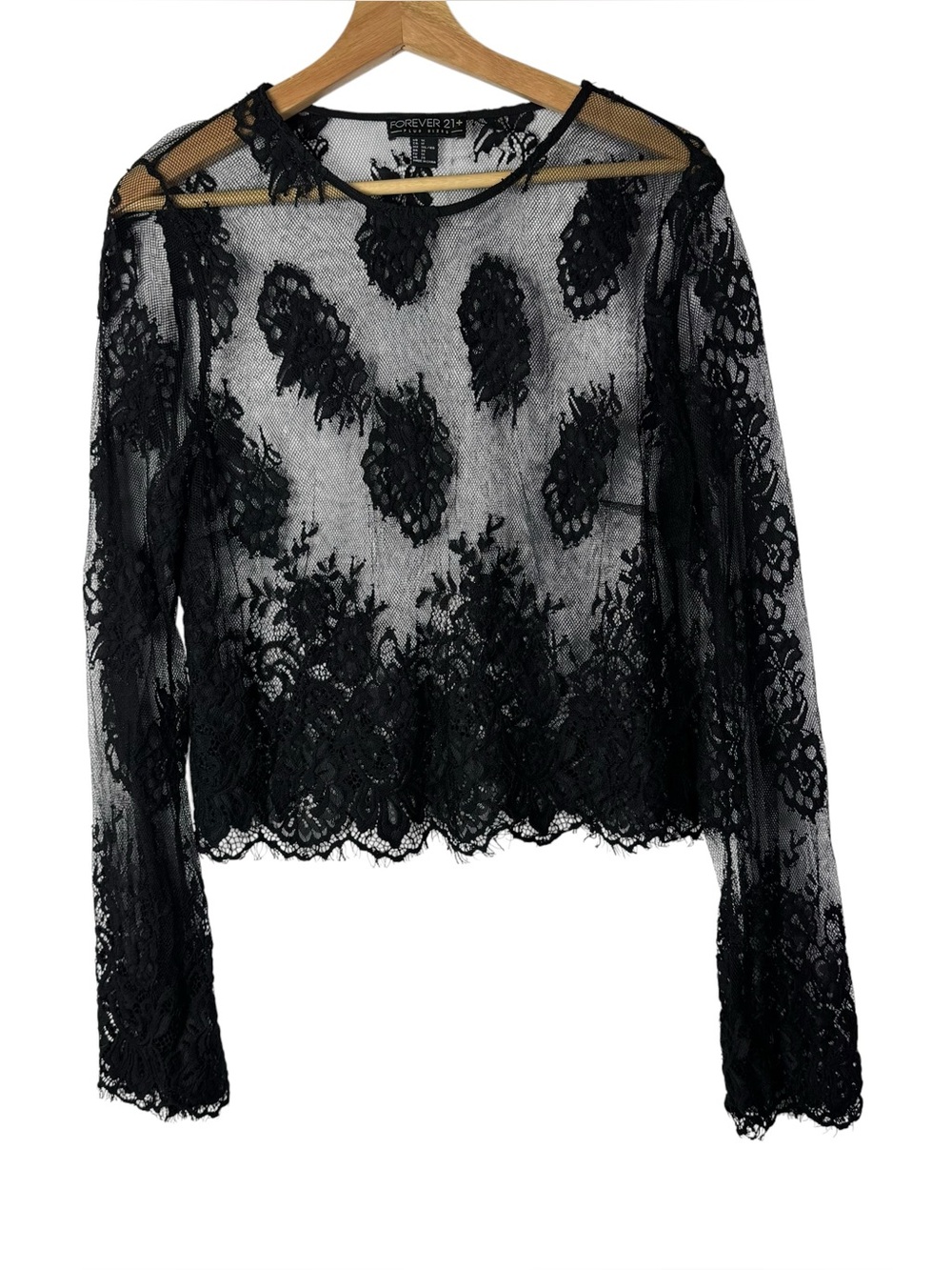 Forever 21 Plus Black Mesh Floral‎ Lace Scallop Hem Sheer Long Sleeve 1X